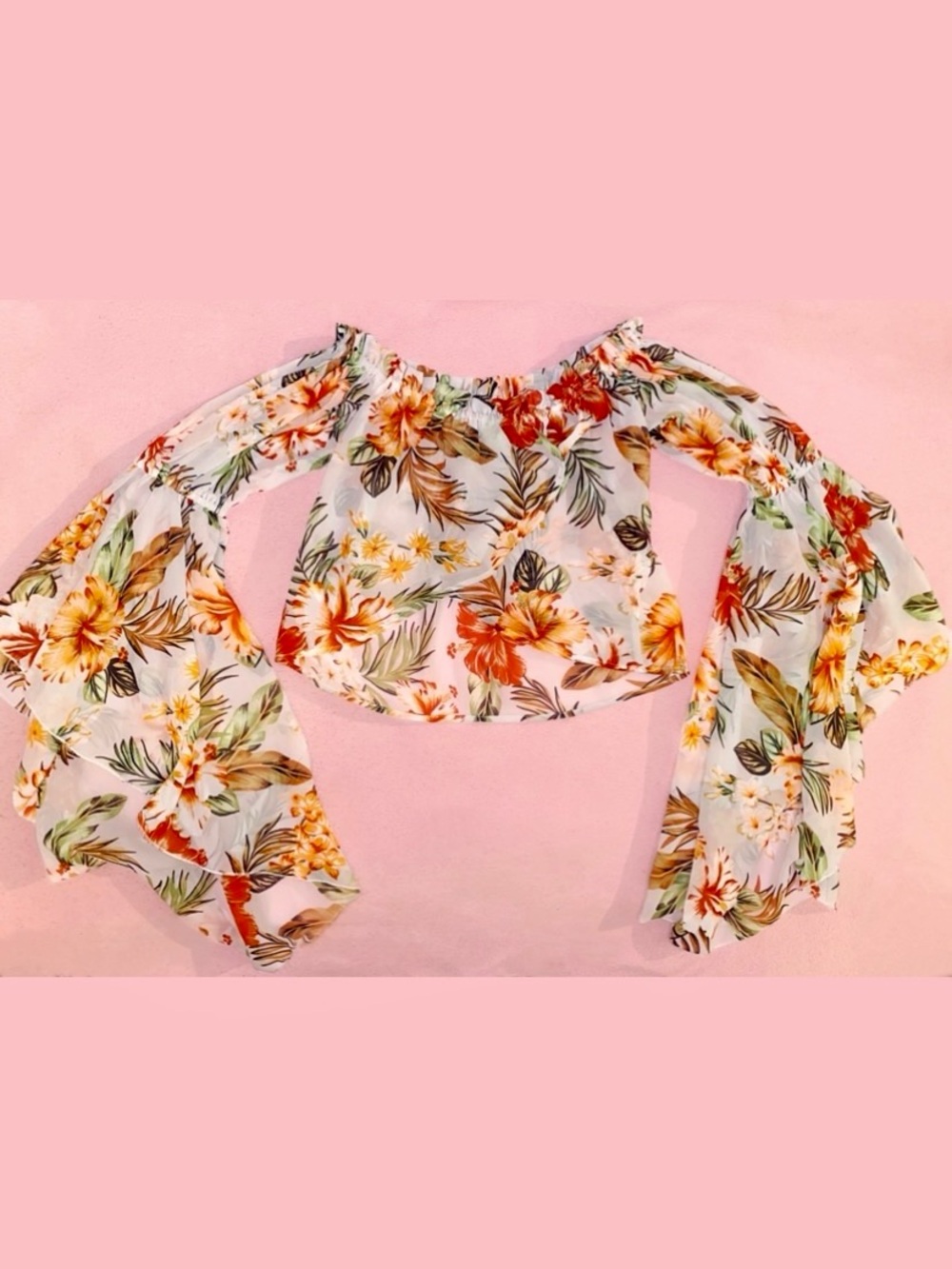 Live 4 Truth Floral Off-Shoulder Crop Top in Small Hibiscus Flower Whire Tropics - Picture 2 of 11